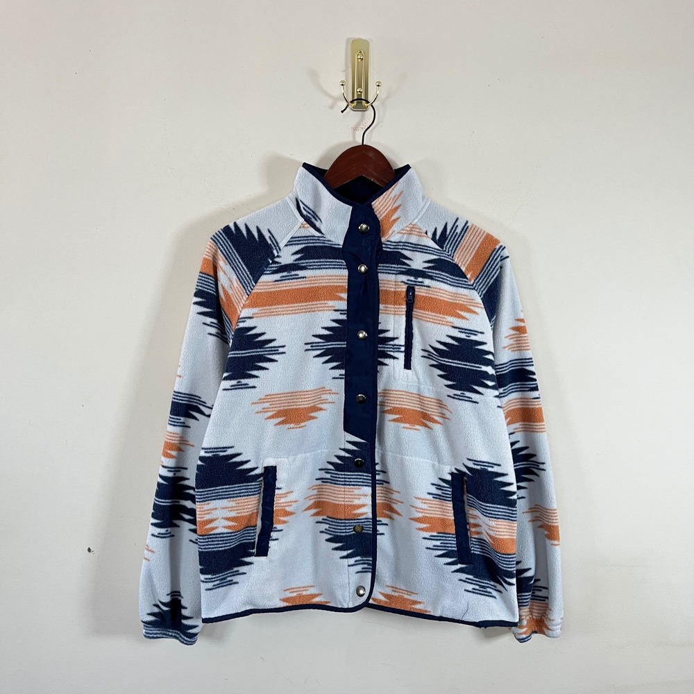 Fleece Aztec Print Snap Button Up Jacket Blue Orange Womens Lg  Western Granola
